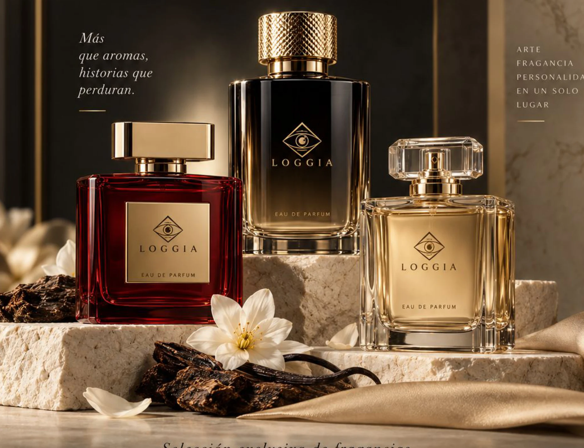 Colección editorial LOGGIA con frascos de perfume sobre una superficie de piedra